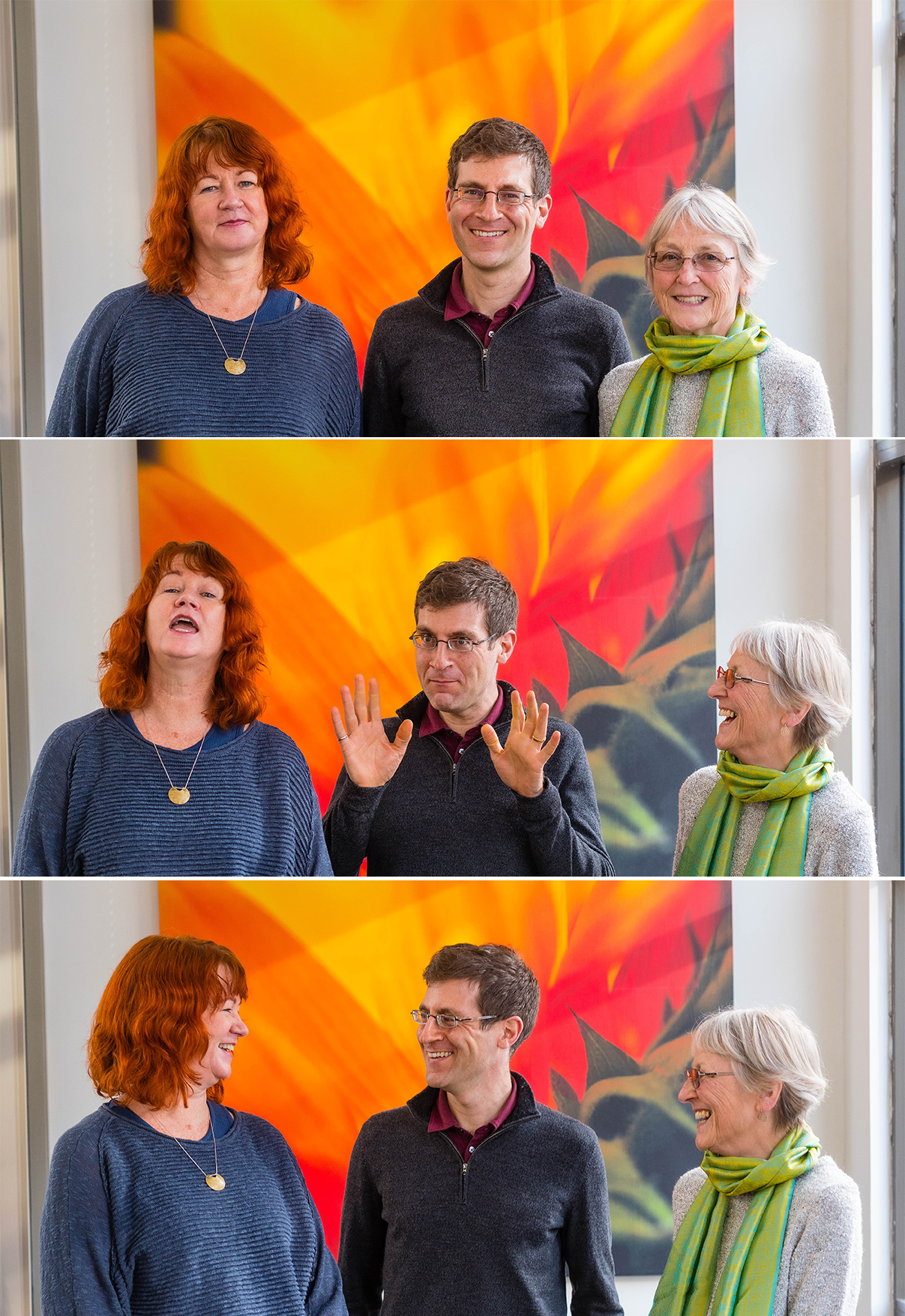 The UBC Learning Exchange leadership team facing the camera, smiling, and apparently joking around with each other. From left the picture includes Kathleen Leahy, the director, Chris Koch, the operations manager, and Angela Towle, the outgoing academic director.