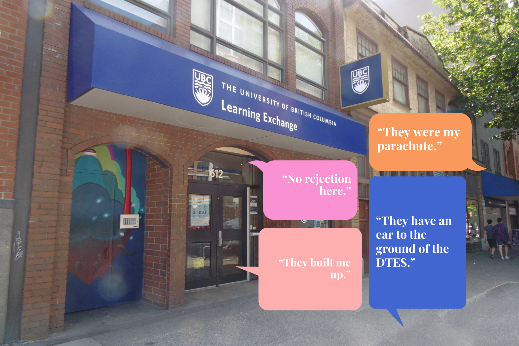 Testimonials overlaying a picture of the Learning Exchange building. Testimonials are from the story, below.